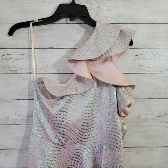 Blush Pink & Silver Metallic One Shoulder Dress w Cascading Ruffle Prom Dress - Picture 11 of 13